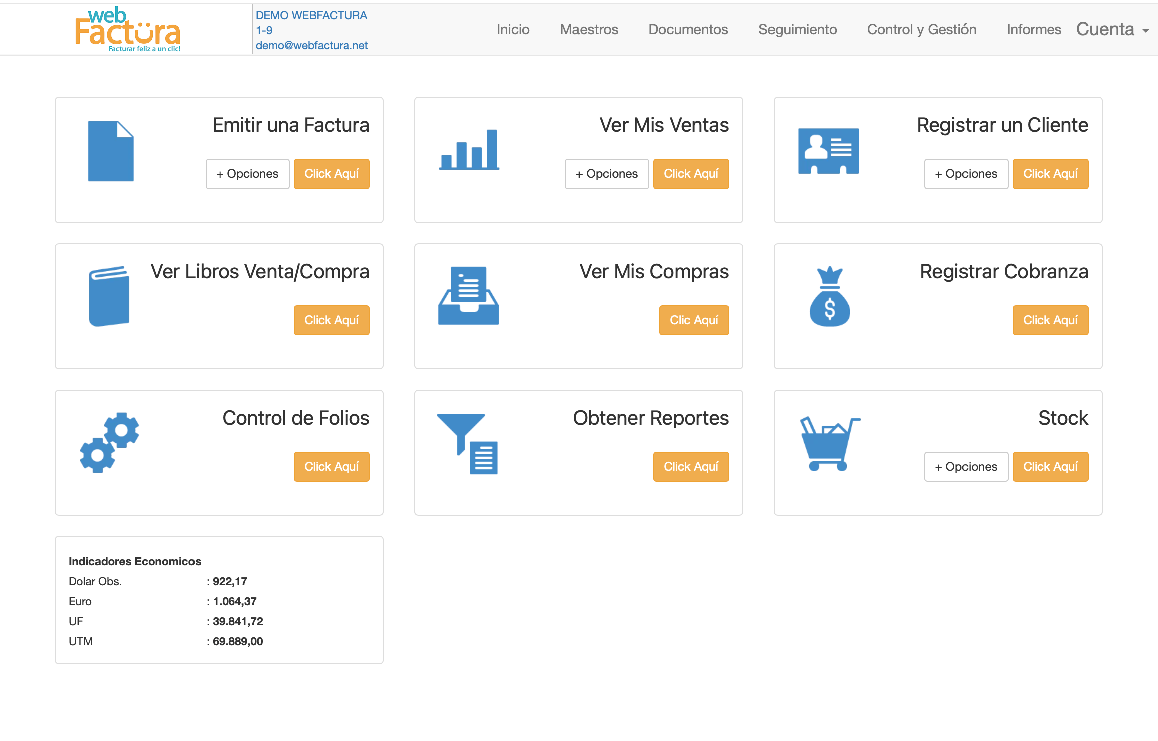 Menú principal webFactura